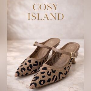 Cosy Island GraceLithe Leopard Print Pointed Toe Mules Mary Jane Strap Heels 6.5
